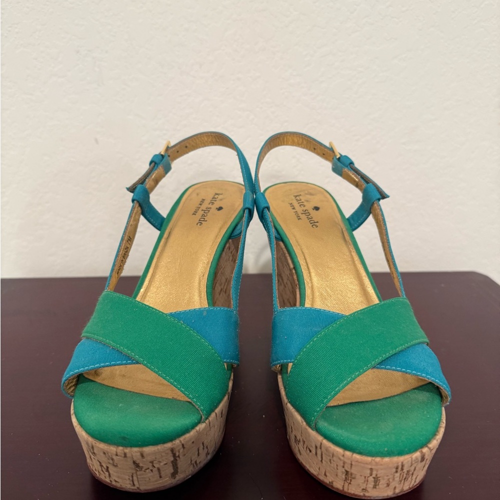 Kate Spade Green and Blue Women's Wedge Sandals - Like New!